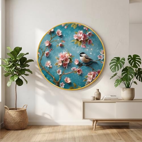 Image of SAF Bird and Blossom Wall Painting with Golden PVC Frame Round Floral Nature Art Modern Decorative Wall Decor for Living Room Bedroom Office Home Elegant Gift Item (20 x 20 Inch) GRL-359