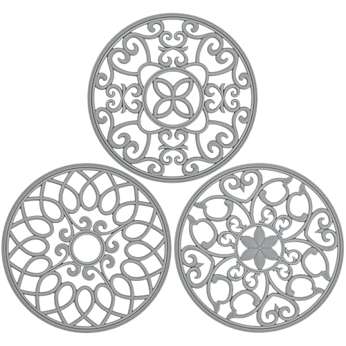 SMARTAKE 3 Set Silicone Trivet Mats, Multi-Use Carved Trivet Mat, Insulated Non-Slip Durable Kitchen Mats, Flexible Modern Kitchen Table Mat, for Hot Dishes, Pots, Dining Countertop, Grey, STM413H