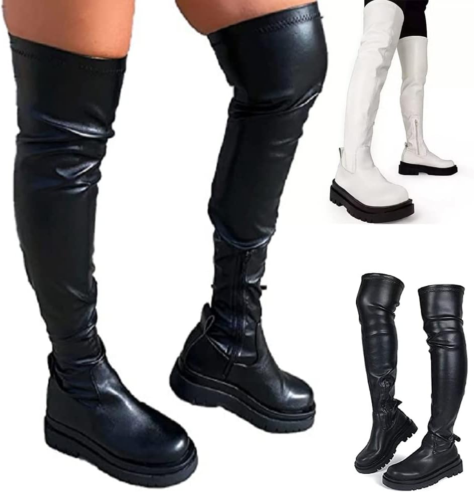 YING LAN Over the Knee High Boots for Women Sexy Zipper Round Toe Low Chunky Heel Faux Leather Surgical Stretch Riding Thigh High Boots - Image 5