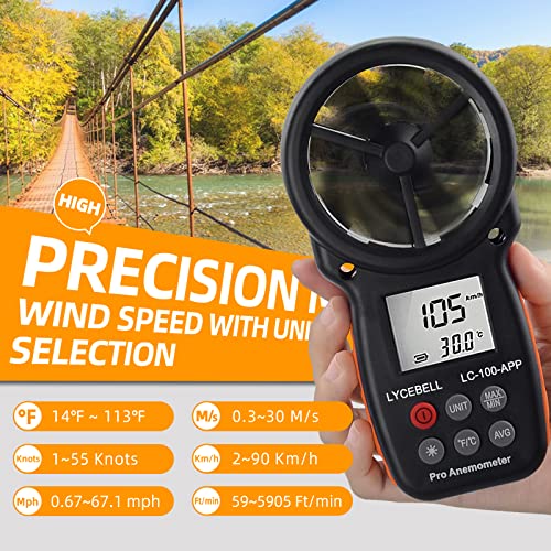 Windmesser Windmessgerät LC-100-APP, Digitales Anemometer mit Bluetooth APP & Aufzeichnung, zur Überwachung von Windchill/Windgeschwindigkeit/Temperatur, mit Hintergrundbeleuchtung und Stativgewinde