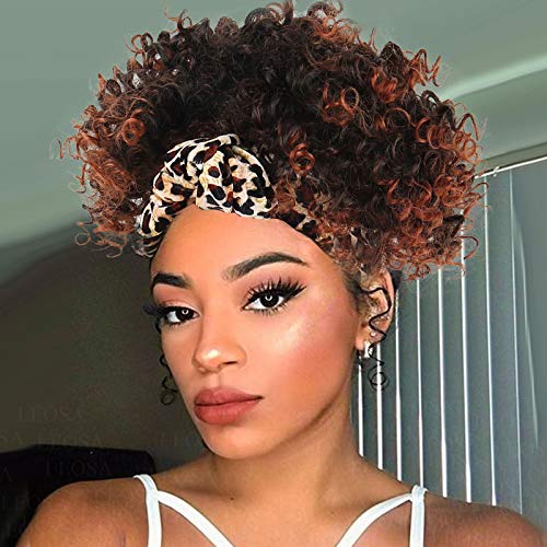 LEOSA Afro Kinky Curly Headband Wig for Black Women,Synthetic Afro Curly Wig Short Jerry Curly Hair Wig with Headband Attached Heat Resistant Afro Wig Wraps Natural Black Afro Headwrap Wigs 4inch