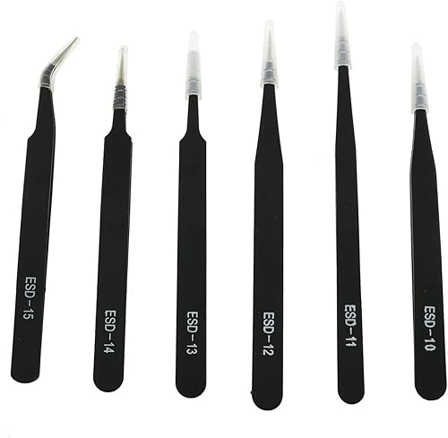 E-outstanding Pinzas antiestáticas, 6 piezas de acero inoxidable ESD negro con componentes electrónicos, pinzas de precisión, herramientas de