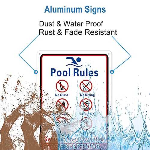 Pool Rules Sign, No Diving No Glass Metal Sign, No Food No Pushing No Running No Peeing In Pool Swim At Your Own Risk Signs, 14 X 10 Inches Rust Free Rust Free Aluminum, Easy Mounting (2 Pack ) #TOP4