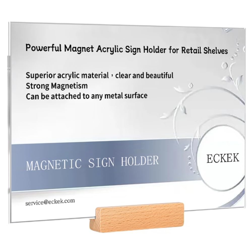 ECKEK Magnetic Sign Holder Grip Holder, Powerful Magnet, Acrylic Sign Holder for Retail Shelves Display Store Vendor Event Warehouse and Shop Supplies (Wood Base 297*210mm/11.69*8.27inches)
