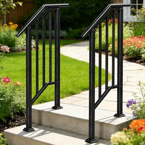 2 Pack 2 Step Handrails for Outdoor Steps, Wrought Iron Stair Railing Fits 1 or 2 Steps, Metal Hand Railing with Installation Kit, Staircase Handrails for Concrete, Porch, Deck, Exterior Steps, Black