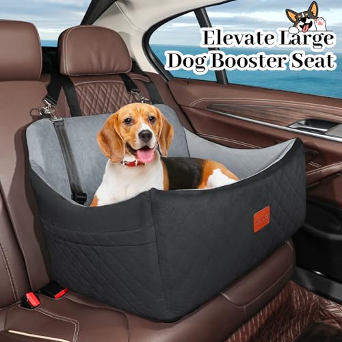 Wooaidagg Dog Car Seat for Large Size Dog,Super Soft Car Dog Bed Filling in Memory Foam and 3 Adjustable Straps,Washable Car Seat for Dogs with Safety Belt Loops and Storage Pocket(Black/Grey,Large)
