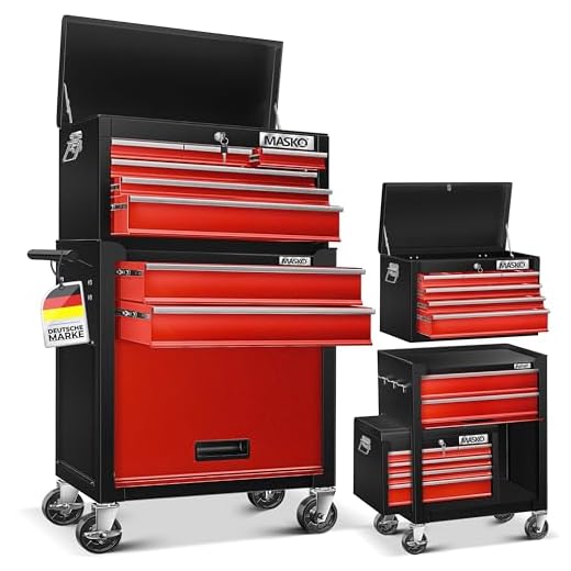 MASKO® Werkstattwagen inkl. Koffer - 9 Fächer Rot ✓ Abschließbar ✓ Massives Metall | Mobiler Werkzeug-Wagen ohne Werkzeug | Profi Werkstatt-Wagen | Rollwagen zur Werkzeugaufbewahrung mit Schloss |