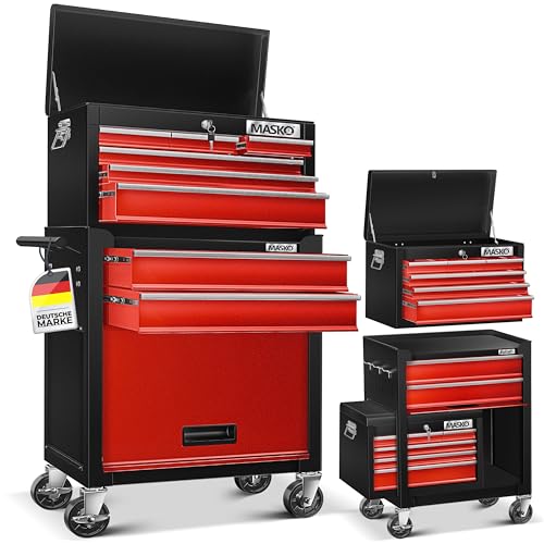Masko® Chariot d'atelier avec Coffre : 9 Compartiments, verrouillable, métal Robuste | Chariot à Outils sans Outils | Chariot pour Le Rangement des Outils...