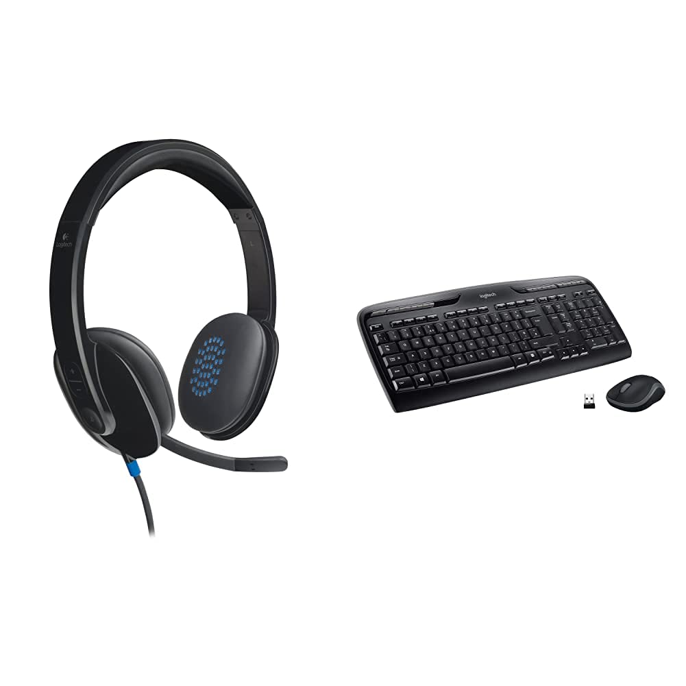 Logitech H540 Wired Headset, Stereo Headphone with Noise-Cancelling Microphone, USB - Black & MK330 Wireless Keyboard and Mouse Combo for Windows, 2.4 GHz Wireless with USB-Receiver - Black