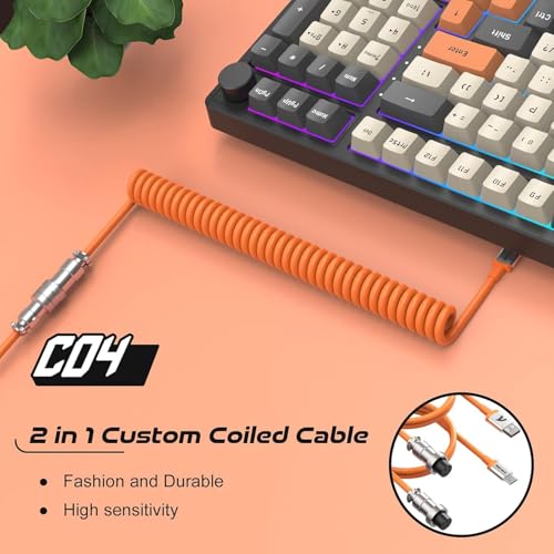 Image of C04 2 in 1 Custom Coiled USB C Cable for Gaming Keyboard-Detachable Double Sleeve Spiral Cable with 5 Pin Aviator Connector for PS4,Xbox-USB A To Type C&Type C To Type C(1.62+3.28inch)-Orange