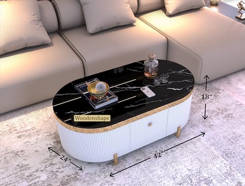 Image of Premium Marble-Top Center Table with One Storage Door and PVD Coated lron Legs and Coffee Table with Oval Design for Living Room and Entryway [ Modern coffee table ] ,42x24x18 Inch, (Black , white)