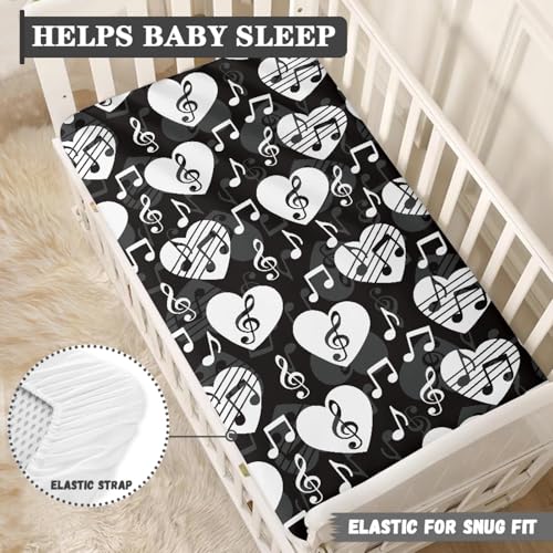 Image of Love Music Notes Baby Crib Sheets for Boys Girls Black Fitted Crib Sheet for Standard Crib and Toddler Mattress Cute Baby Mattress Sheets Toddler Bed Sheet 52x28x8 in