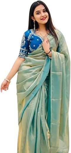 Women's Turquoise Fendy Net Saree with Royal Blue Heavy Embroidered Readymade Blouse Crepe Silk Blouse by Khushi Vastram