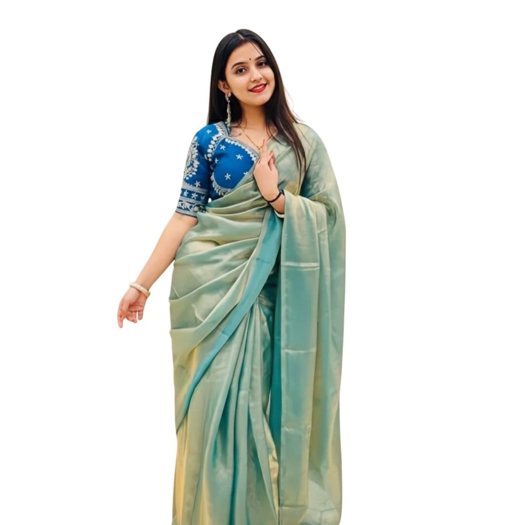 Women's Turquoise Fendy Net Saree with Royal Blue Heavy Embroidered Readymade Blouse Crepe Silk Blouse by Khushi Vastram-picture-56