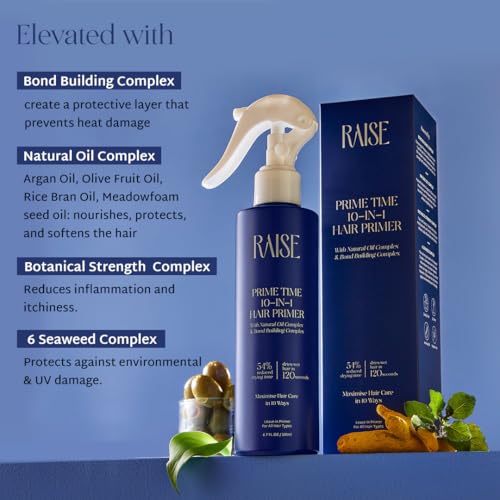Image of Raise Prime Time 10-in-1 Hair Primer | Heat Protectant Spray with Argan Oil | Frizz Control, Shine & Smoothness | Cuts Drying Time by 54% | SLS & Paraben Free Leave-In Hair Treatment | 200 ml