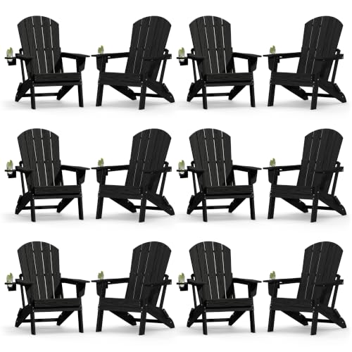 Image of Plawdlik Folding Adirondack Chair 12-piece Set, Cup Holder, Black | pin-free folding, 38-in tall back, Wood-grain All-weather HDPE; for fire pit, poolside, deck, backyard, patio