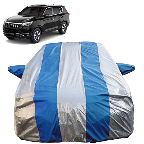 Image of Autofact Waterproof Car Body Cover Compatible with Mahindra Xuv 700 (2022) with Mirror Pockets (Blue Stripes with Shinning Silver Fabric /Waterproof Cover)