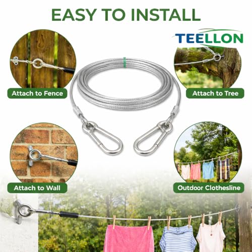 Image of 3 Meter (3mm) Heavy Duty Stainless Steel Clothesline Wire Rope with Carabineer Hooks, Portable Rustproof Laundry Drying Rope Cable for Balcony Garden Home Indoor Outdoor Uses (3 Meter)