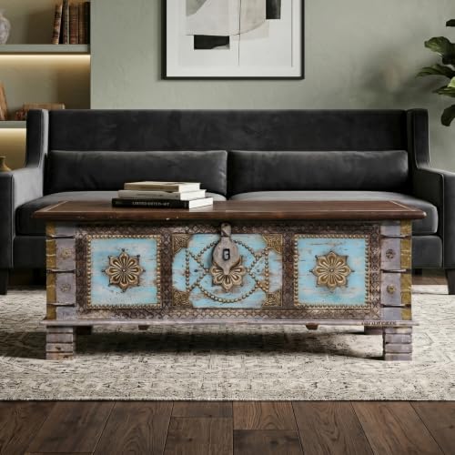 Image of Keve Wooden Trunk Box for Storage | Solid Wood Coffee Table for Living Room | Handcrafted Center Tea Table with Sandook Storage for Living Room | Pitara for Home and Bedroom (Grey Distress)