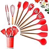 utensilios de cocina color rojo 100% silicona de la más alta calidad: los cabezales de silicona aprobados por la FDA no pueden rayar ni dañar ollas, sartenes y woks antiadherentes como los metales. Esto los hace muy amigables cuando se trata de superficies antiadherentes. Cocinar con el juego de utensilios de silicona antiadherente protegerá tus utensilios de cocina de cualquier arañazo.
