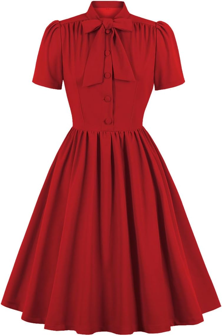 Women Notch Lapel Vintage V-Neck Cocktail Swing Dress 50s 60s Button up 1950s Rockabilly Prom Midi Evening Dress with Pockets
