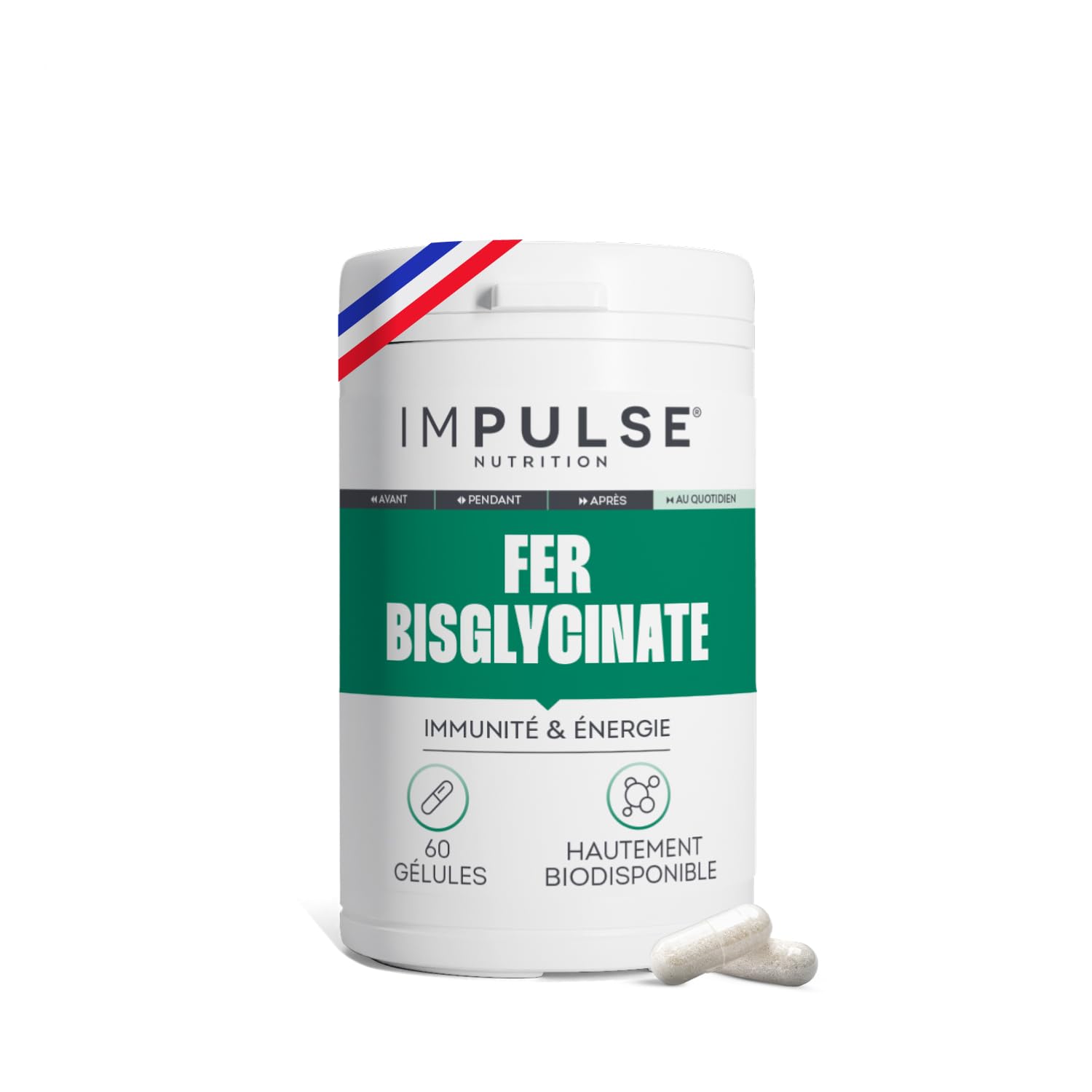 Impulse Nutrition - Fer Bisglycinate 14 mg Hautement Assimilable - Énergie, Immunité & Anti-Fatigue - Complément Alimentaire Sport & Vitalité - Formule Pure & Efficace - Fabriqué en France