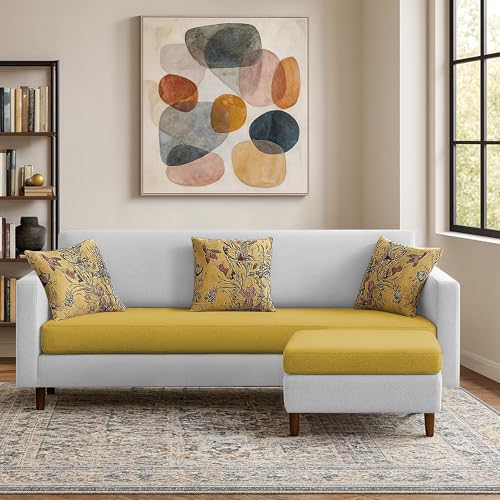 Image of Casaliving Premium Lifestyle Fabric 4 Seater L Shape Sofa Set 3 Seater Modern Sofa Set & Ottoman for Living Room (Yellow Grey Color) Premium Fabric