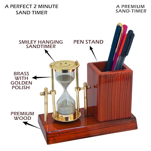 Image of Pen Holder | 2 Minute Brass Sand Timer | Natural Sand Color | Smiley Design | Hourglass with Pen Holder | Wooden Base | 11x8x15cm | Pen Stand Hourglass for Gifts (Pack of 1).