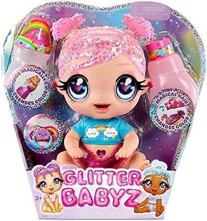 MGA'S Glitter BABYZ DREAMIA Stardust Baby Doll with 3 Magical Color Changes, Pink Hair Rainbow Outfit, Diaper, Bottle, Pacifier Accessories- Gift for Kids, Toy for Girls Boys Ages 3 4 5+ Years Old
