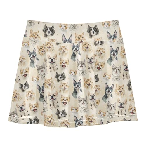 Cute Animals Beige Flowy Tennis Skirt for Girls with Built in Shorts Kids Cheer Skirt with Pockets Skorts for Little Girl