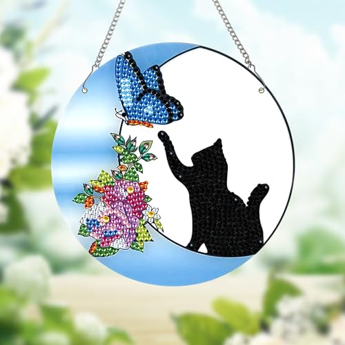 Image of AiYuanzsh Diamond Painting Hanging Pendant Kit for Adults, Crystal Rhinestone Cat & Butterfly Diamond Art Suncatcher Ornament for Door, Wall, Window, Home Decor