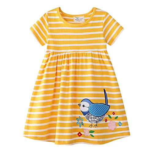 Vestido de enrejado de manga corta con cuello redondo de algodón para niña, amarillo, 90 cm(3 años)