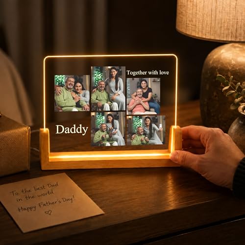 Image of Giftplease Personalized Daddy Together with Love Acrylic LED Photo Frame with Wooden Base | Customized Multi-Photo Lamp for Father's Day, Birthday | Warm Glow Night Light