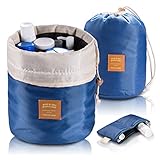 Multifunctional Barrel Shaped Travel Cosmetic Bag + Mini Zipper Jewelry Pocket + Transparent PVC Pouch for Makeup Brush, Large Capacity Drawstring Hanging Toiletry Organizer Bag for Women Men ( Blue )