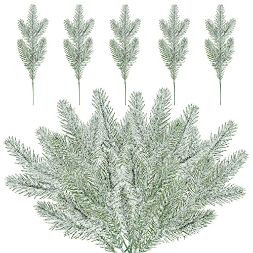 HanOBC 24 ramas de pino artificial de Navidad de 25 cm, nieve heladas artificiales, púas de pino bosque, vegetación, para árbol de Navidad, decoración del hogar y vacaciones Cover