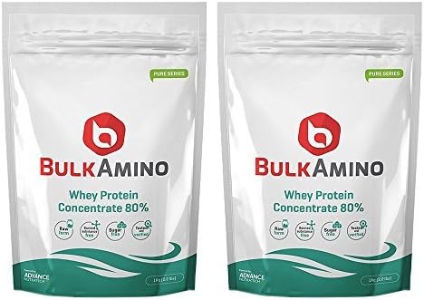 ADVANCE NUTRATECH Bulkamino Whey Protein Concentrate 80% Raw Protein 2Kg (4.4Lbs) (Pack Of 2 X 1Kg), White