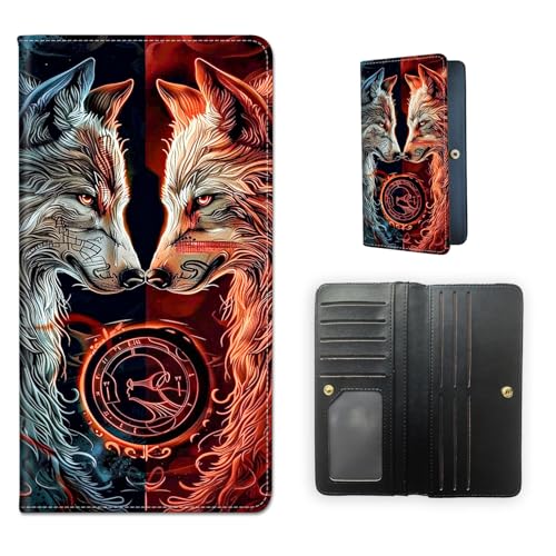 RFID Blocking Leather Wallet for Women and Men, Two Wolves Facing Each Other Compact Bifold Credit Card Holder with RFID Protection, Small Ladies Slim Minimalist Wallet