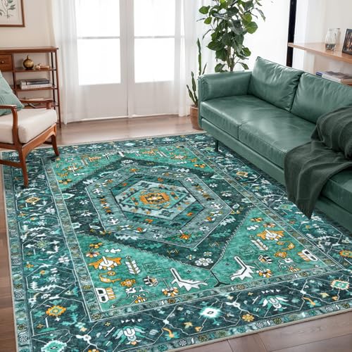 SERISSA Boho Area Rug 5x7 Teal, Washable Large Rugs for Living Room, Ultra Soft Non-Slip Bedroom Rug Print Distressed Vintage Tribal Farmhouse Carpet Rug for Dining Room Dorm Office Home Decor
