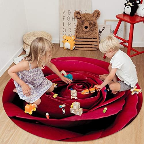 MUSEDAY Area Rug 3.3ft Round, Red Rose Flower Plant Kitchen Rugs Non Skid Area Indoor Floor Mat for Living Room, Bedroom