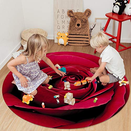 Museday Area Rug 3.3Ft Round, Red Rose Flower Plant Kitchen Rugs Non Skid Area Indoor Floor Mat For Living Room, Bedroom #TOP3