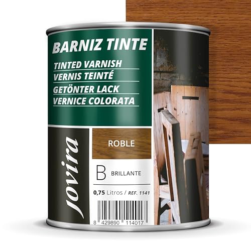 JOVIRA PINTURAS Barniz Brillante Tinte (6 colores). Barniz para madera. Protege, decora y embellece. (750 Mililitros, Roble)