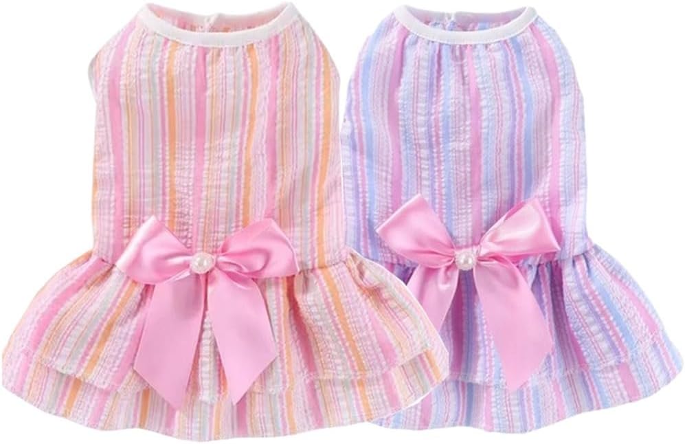 KUTKUT Small Dog Cat Girl Casual Dress Cute Bowknot Tutu Summer Dress Striped Dog Clothes for Small Dogs Girl Shihtzu, Bichon, ToyPoodle Cat Pet Apparel Outfits (Size: XL, Chest: 50cm, Pack of 2Pcs)