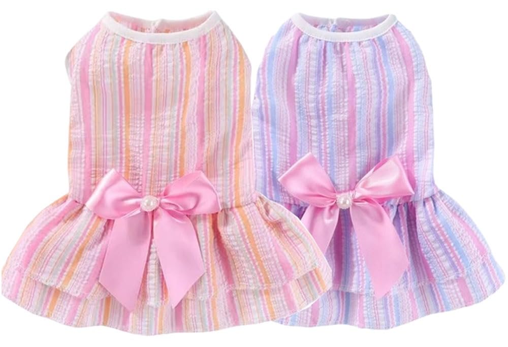KUTKUT Small Dog Cat Girl Casual Dress Cute Bowknot Tutu Summer Dress Striped Dog Clothes for Small Dogs Girl Shihtzu, Bichon, ToyPoodle Cat Pet Apparel Outfits (Size: XL, Chest: 50cm, Pack of 2Pcs)