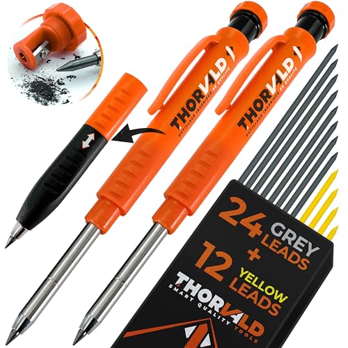 THORVALD 2 Carpenter Pencils Set for Construction - Incl. 38 Leads + Sharpener + Finger Grip - Solid...