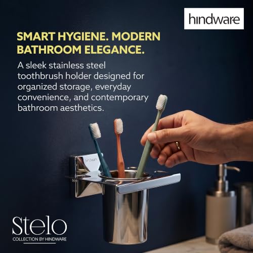 Image of Hindware Stelo Tooth Brush Holder for Bathroom | Superior Stainless Steel | Mirror Like Chrome Finish | Corrosion Resistant Toothbrush Holder | Dimension (mm): 125 * 112 * 99 | 1-Year Warranty