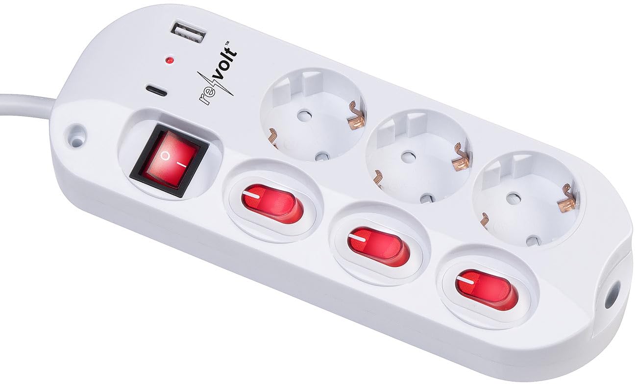revolt multipresa 230V: Set da 2 Multipresa a 3 vie, attivabile singolarmente, 2 porte USB per la ricarica (con porte di ricarica USB, ciabatta elettrica da 230 volt)