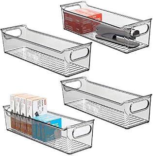 mDesign Set of 4 Plastic Storage Bin with Handles  Home Office Storage Solutions for Pens, Paper, Folders and More  Long and Stackable Storage Container  35.6 cm x 10.8 cm x 8.9 cm  Smoke Grey