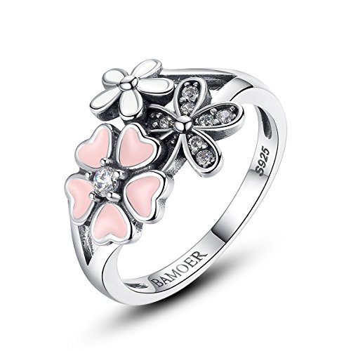 BAMOER 925 Sterling Silver Rings Pink White Enamel Cherry Blossom Flower Ring for Women Anniversary Ring Size 6 7 8 9