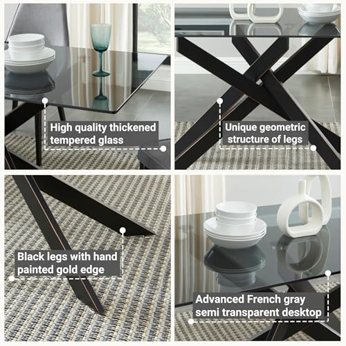 Modern Style Dining Table with Gray Tempered Glass Top and Black Metal Tubular Legs, 58.5”Lx29”Wx30”H - Image 5