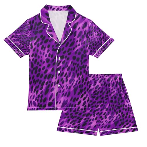 ALAZA Leopard Print Cute Satin Pajamas Set Short Sleeve Button Down Sleepwear Summer Pjs 2 Piece